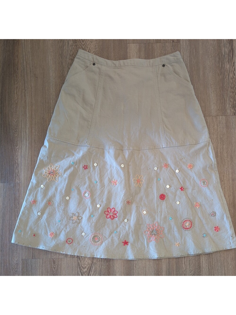 J Jill Skirt tan 8 Embroidered sequence Floral A Line boho cottage core office